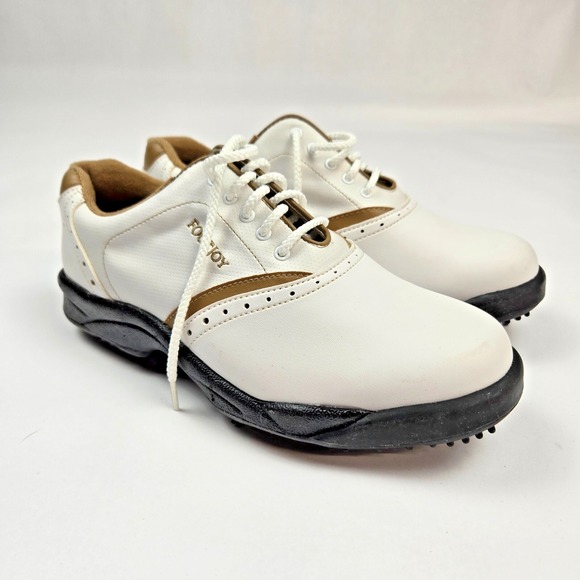 Footjoy Golf Shoes Mens Size 7 Contour Soft Spikes 48762 White Brown Comfort - Picture 1 of 10
